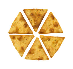 Crispy pita snack crackers top view isolated on a white background.