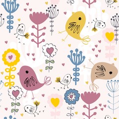 Cute seamless pattern with  birds and flowers. Spring vector background. 