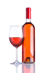 Bottle and Glass Rose Wine on White Background