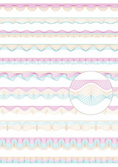 Set of colorful seamless guilloche vector borders for money design, voucher, currency, gift certificate, coupon, banknote, diploma, check and note.