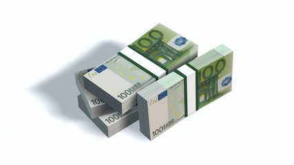 100 Euro bills packs with bank wrapper isolated on white