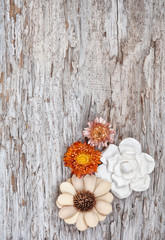 Grunge background with dry flowers on the old wood