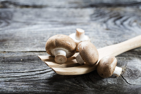 vegetable still life - Paris mushrooms on new wooden salad fork on retro wood background, studio shot.