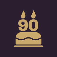 The birthday cake with candles in the form of number 90 icon. Birthday symbol. Flat
