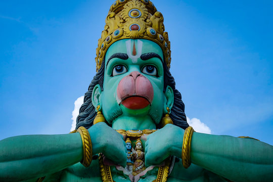 A statue of green colored hindu god Hanuman open his chest 
