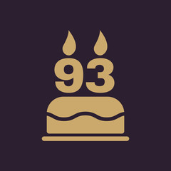 The birthday cake with candles in the form of number 93 icon. Birthday symbol. Flat