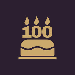 The birthday cake with candles in the form of number 100 icon. Birthday symbol. Flat
