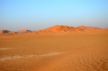 Fototapeta na wymiar Sand dune hill on empty plane in desert Oman
