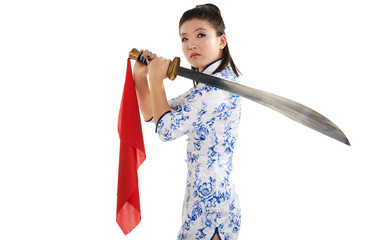 young beautiful Japanese woman in kimono looking aggressively at