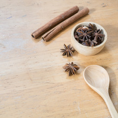 Herb and spicy ingredient for prepare food on wooden table