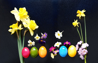 Ostern, Easter, Osterglocken, Blumen, Ostereier, Schiefer, Copyspace