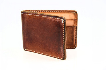 Brown leather wallet on white background