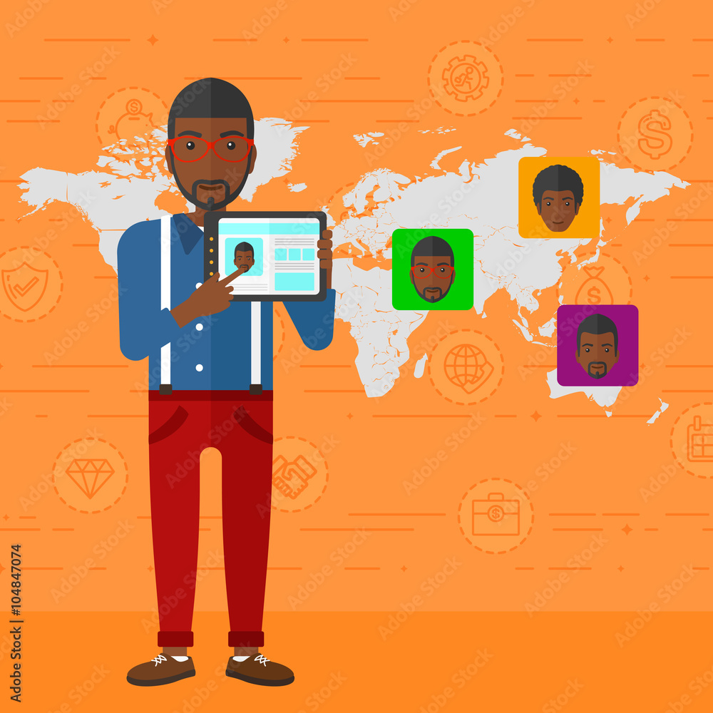 Poster man holding tablet computer with social media source.