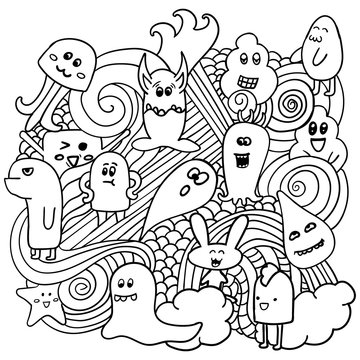 Black and white monsters in the style of a doodle.
