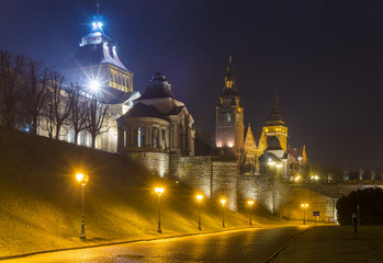 Nocna panorama tarasów widokowych w Szczecinie