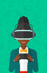 Woman wearing virtual reality headset.