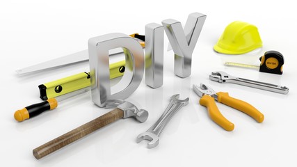 Various hand tools with 3D word DIY, isolated on white background.
