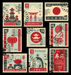 Naklejka premium set of postage stamps on the theme of Japanese culture. Hieroglyph Japan Post, Sushi, Tea