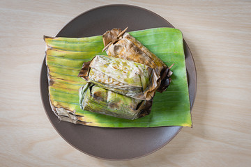 Thai style dessert, Toast stuffed with sticky rice, Grilled sticky rice with taro and banana and...