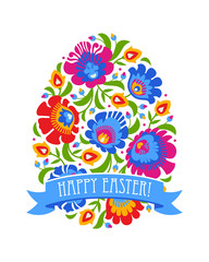 Naklejka premium Happy Easter egg made with folk colorful flowers