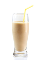 Milk protein cocktail with drinking straw isolated on white