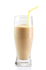 Foto auf Acrylglas Milchshake Milk protein cocktail with drinking straw isolated on white