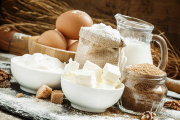 Ingredients for baking in a country style, selective focus