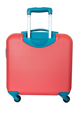 Orange travel plastic suitcase with wheels realistic on white background