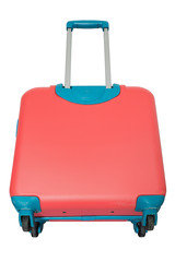 Orange travel plastic suitcase with wheels realistic on white background