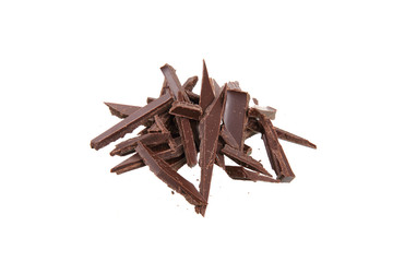 heap of broken pieces of chocolate isolated on white