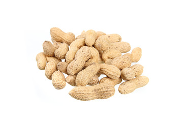 Dried peanuts closeup isolated in white background