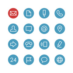 Contacts vector icon set - different symbols on the round blue background.