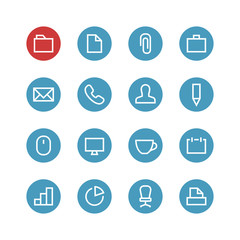 Office vector icon set - different symbols on the round blue background.