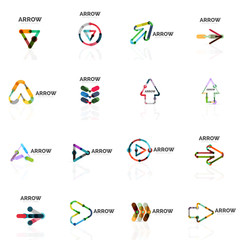 Set of linear arrow abstract logos, connected multicolored segments lines in directional pointer figures