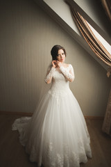 Fototapeta premium Luxury bride in white dress posing while preparing for the wedding ceremony