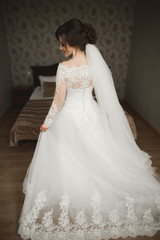 Fototapeta na wymiar Luxury bride in white dress posing while preparing for the wedding ceremony
