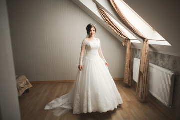 Fototapeta premium Luxury bride in white dress posing while preparing for the wedding ceremony