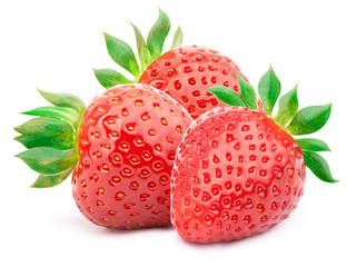 Three perfectly cleaned strawberries with leaves isolated on the white background with clipping path
