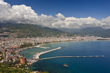 Fototapeta na wymiar Turkey. Alanya. Aerial view from the Citadel of Alanya on the eastern part of modern city with harbor