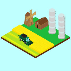 vector illustration. Harvesting wheat. Harvester, windmill, silo, barn, combine harvester gathers wheat on a field. isometric