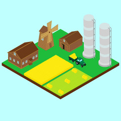 Vector illustration. farm. The tractor trailer carrying the hay, field hay, a wheat field, windmill, barn, silo, farm house. isometric