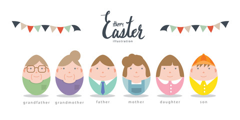 Cute family characters of easter eggs flat vector.