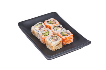Different types of Sushi in a plate isolated on white background