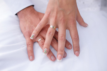 Naklejka premium the bride and groom's hand close-up with wedding rings