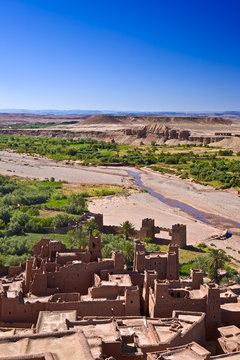 Morocco. Ait Benhaddou - aerial view of valley and fragment of ksar. This site is on UNESCO World Heritage List
