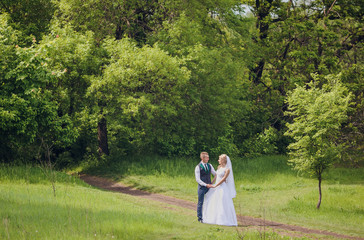 Young wedding couple enjoying romantic moments outside on a summer meadow