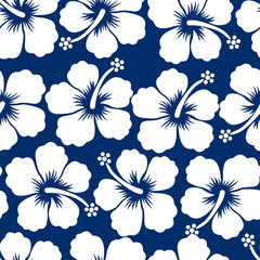 Graphic white tropical hibiscus flowers seamless pattern