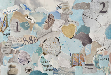 Fototapeta na wymiar serene zen Creative Atmosphere art mood board collage sheet in color idea aqua blue , mint green,grey, white made of teared magazine and printed matter paper with colors and textures 