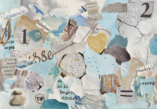 serene zen Creative Atmosphere art mood board collage sheet in color idea  aqua blue , mint green,grey, white made of  teared magazine and printed matter paper with colors and textures
