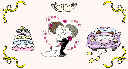 cake with candles, bridal car, the bride and groom